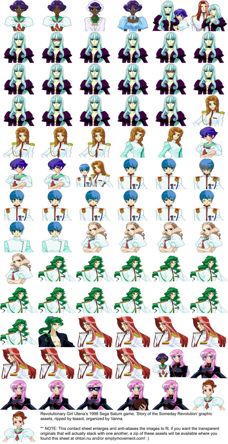 Contact sheet of face models for the Utena Sega Saturn game.